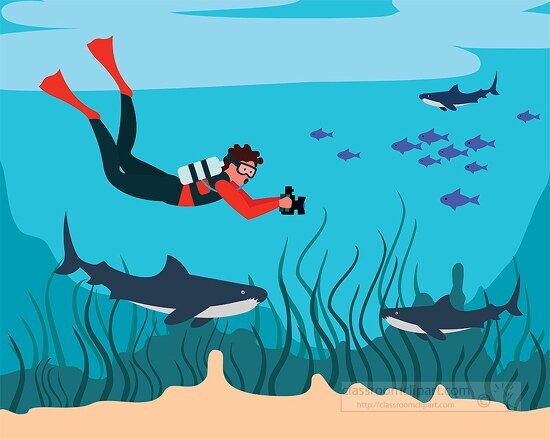 Camera Clipart-underwater photographer surrounded by shark clipart