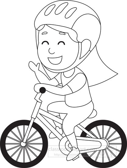 Free smiling girl wearing helmet rides bicycle black outline clipart ...