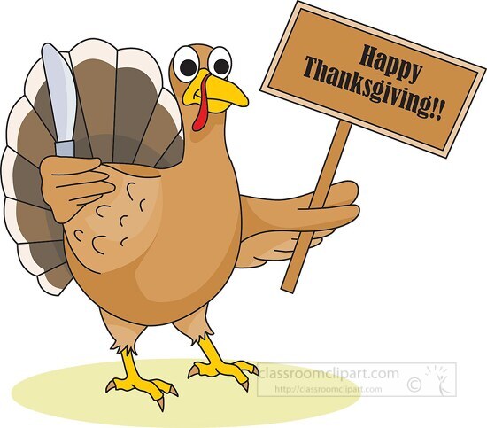 Turkey Holding Happy Thanksgiving Sign - Classroom Clip Art