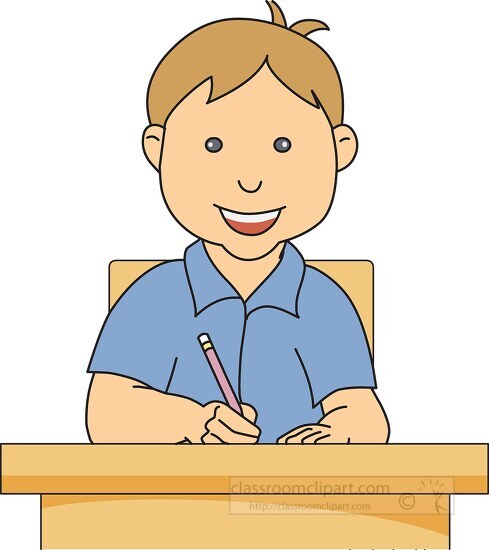 young boy at desk writing - Classroom Clip Art