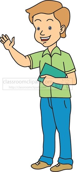 student holding book waving 614