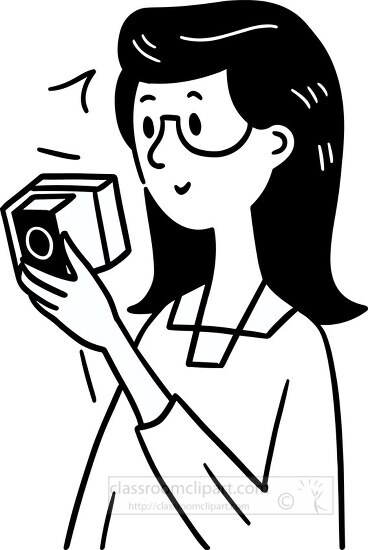 student holds a camera in her hand minimal line illustration