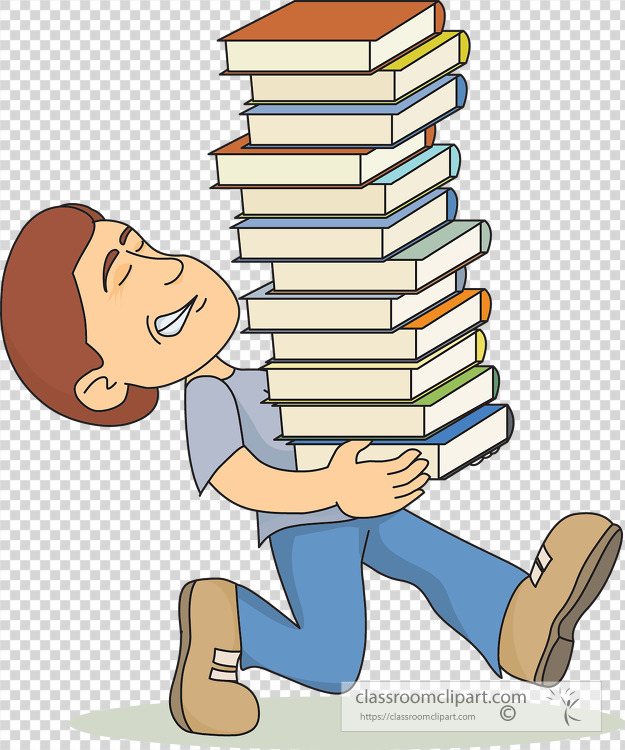 student holds large stack books transparent