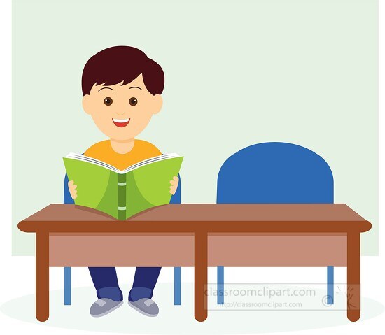 student sitting at table holding open book empty seat clipart