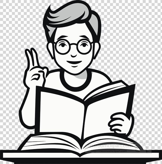 student with book open two fingers up black white outline