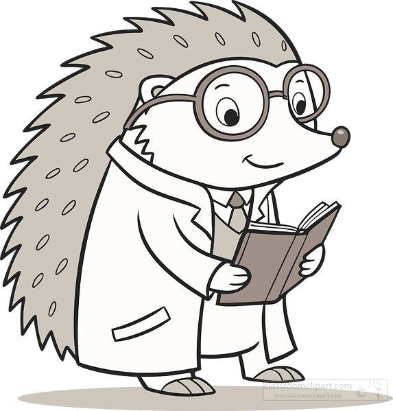 studious hedgehog wearing glasses and a coat reading a book