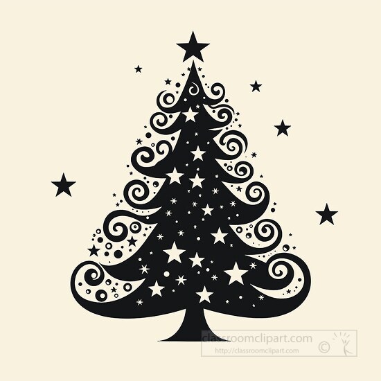 Stylized Christmas tree silhouette with swirling lines and star 