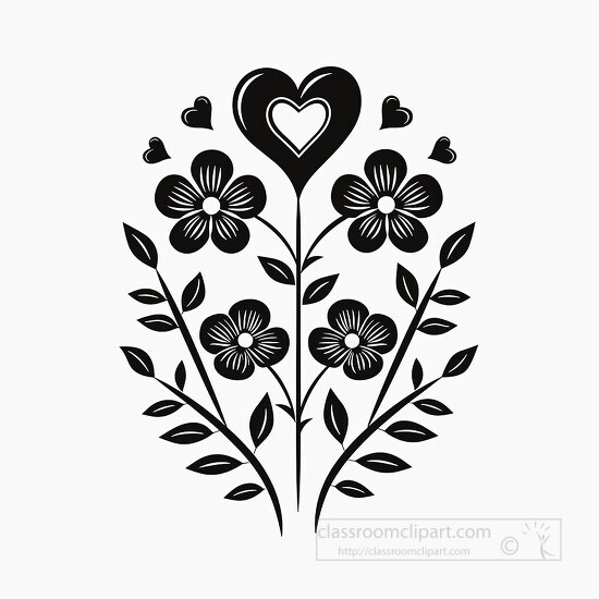 stylized heart and flower arrangement in a symmetrical black sil