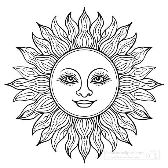 sun clipart with a facial design in the center and ornate wavy r
