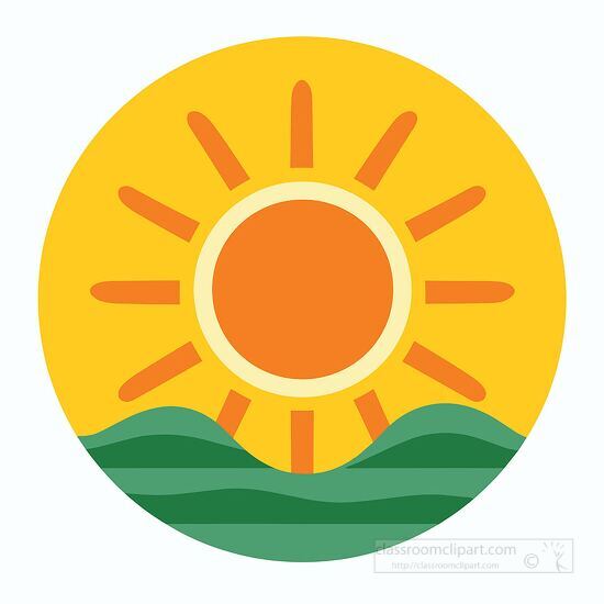 sun icon with a central orange circle rising over a green landsc