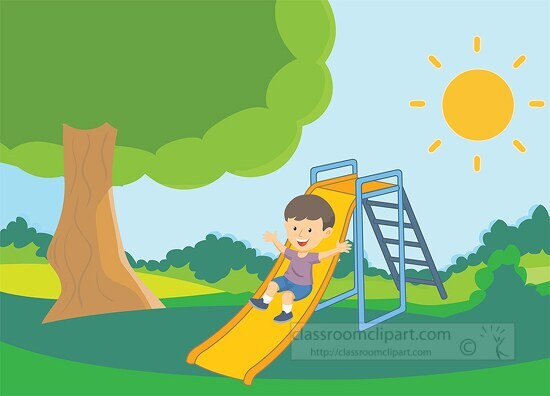 sunny day at park with child playing on a slide clipart
