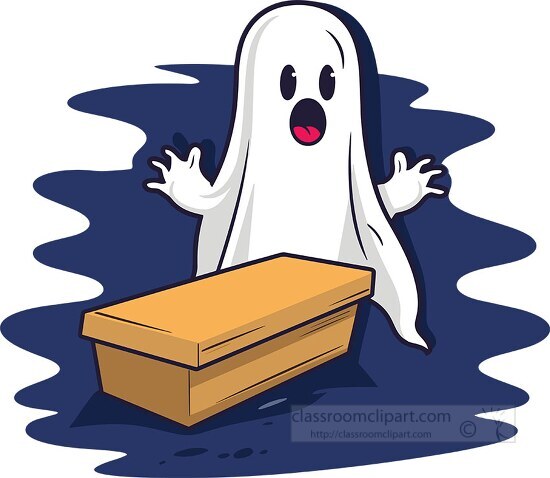 suprised halloween ghost near a wooden casket