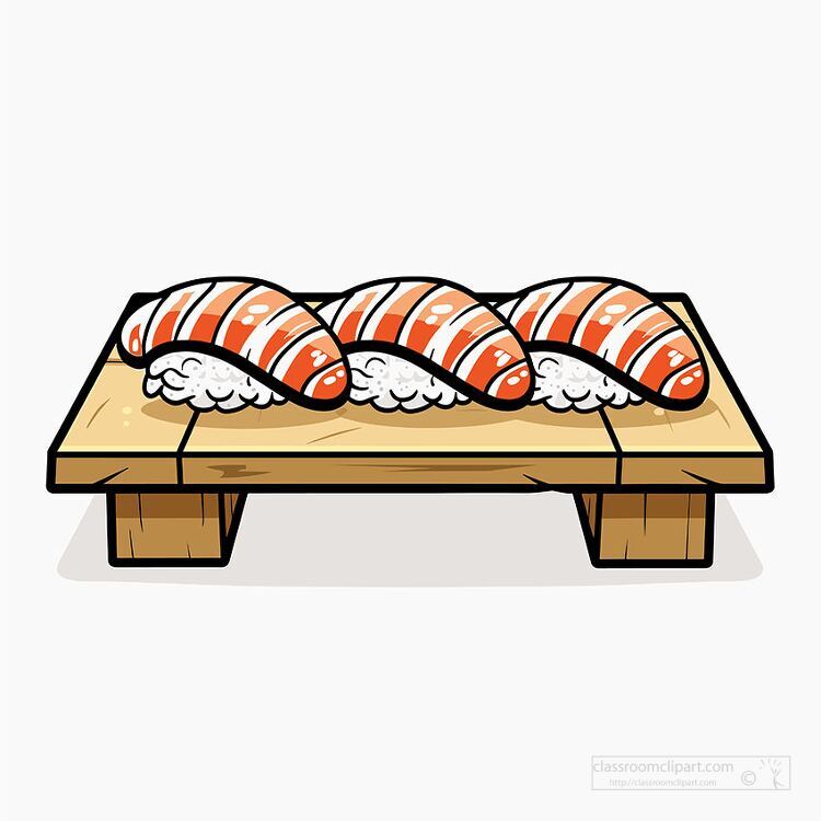 sushi with rice on a wooden tray