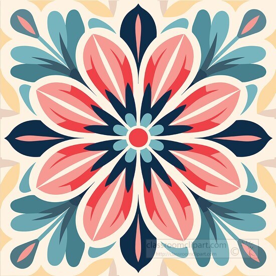 symmetrical floral pattern with a vibrant combination of red blu