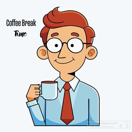 teacher wearing glasses enjoying a cup of coffee with text coffee