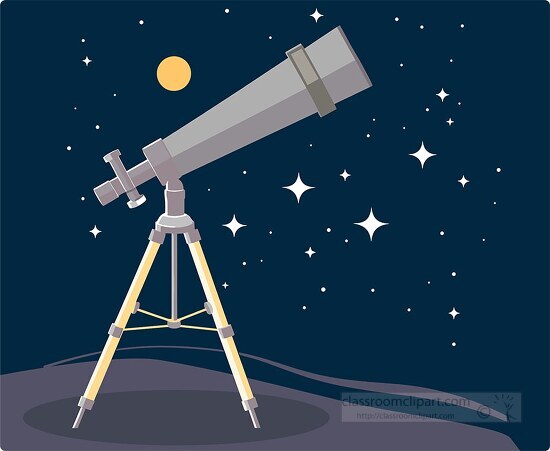 telescope against a starry night sky with a crescent moon