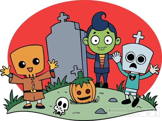 Three cute ghouls with big eyes standing in a graveyard