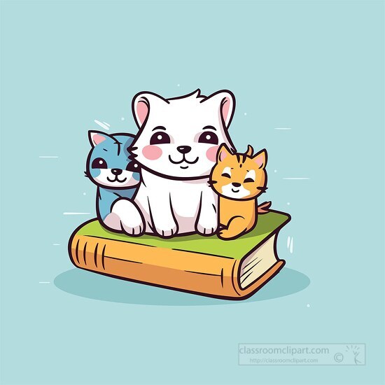 three cute smiling cats sitting on a book clip art