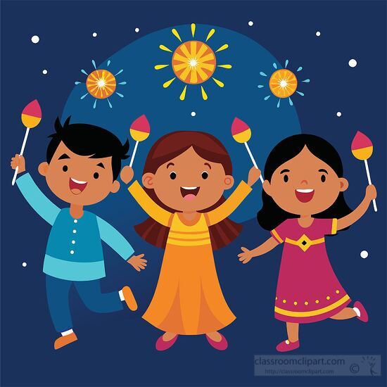 Three happy indian children celebrate Diwali with sparklers