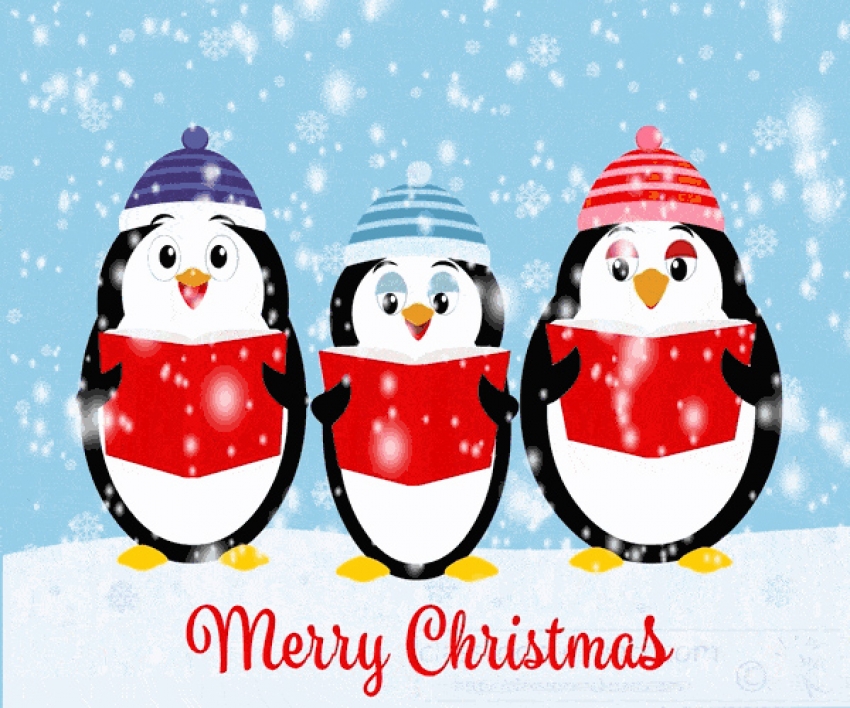 Christmas Animated Clipart-three penguins singing in the snow