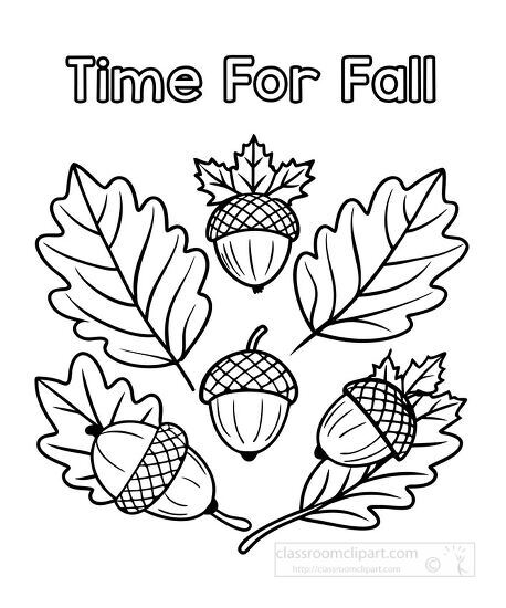 time for Fall Coloring Page with Acorns and Leaves