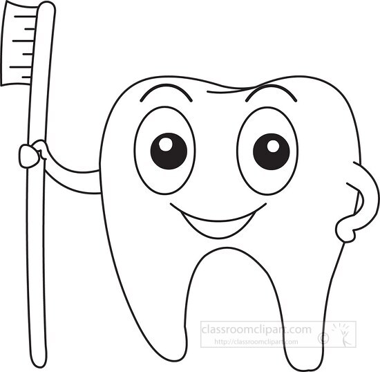 tooth cartoon character with toothbrush black outline