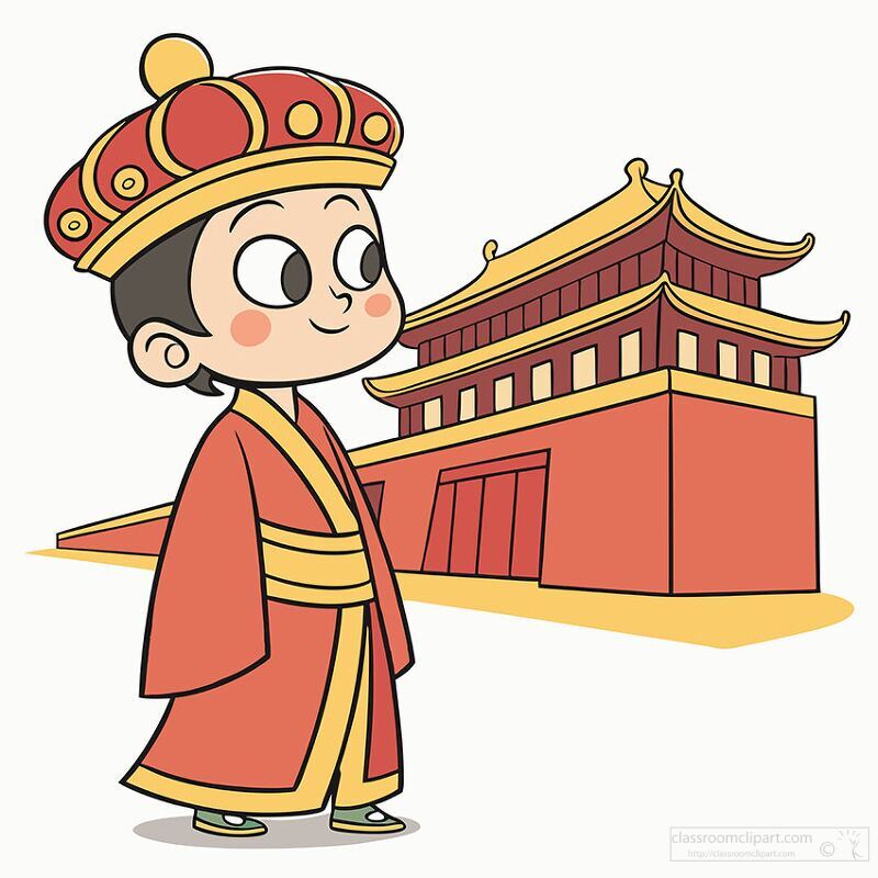 traditional Chinese emperor stands near a red and gold palace