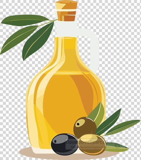 transparent bottle of fresh olive oil with fresh olives and leav