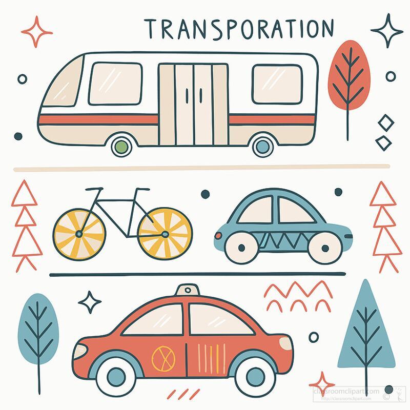 Illustration of transportation concepts featuring a bus, car, bicycle, and trees