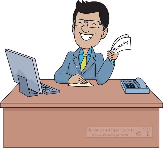 travel agent sits at his desk clipart