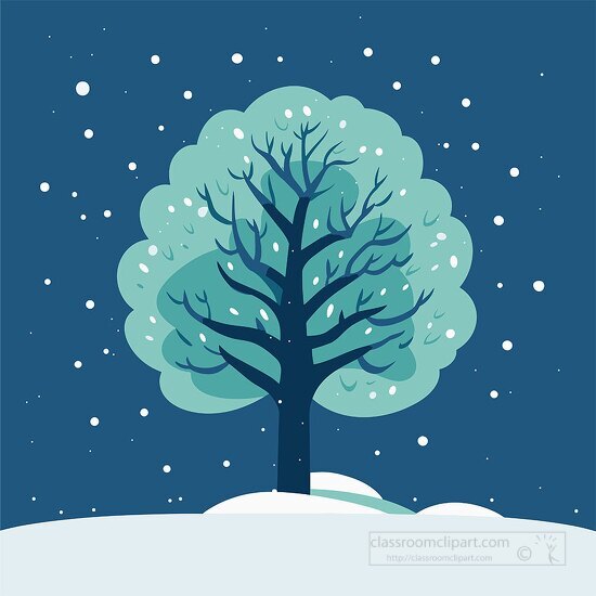 tree with snow falling in the blue background
