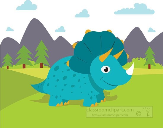 triceratops dinosoar walking near mountains and trees clipart