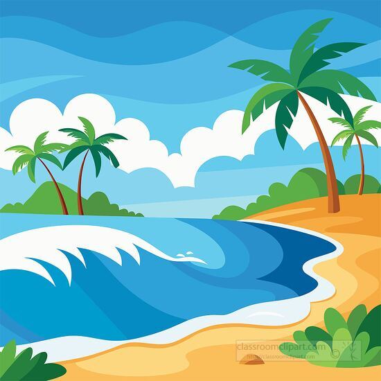 Tropical beach with crashing waves clipart for summer and beach