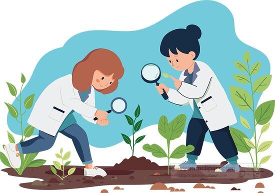 two children in lab coats examining plants with magnifying glass