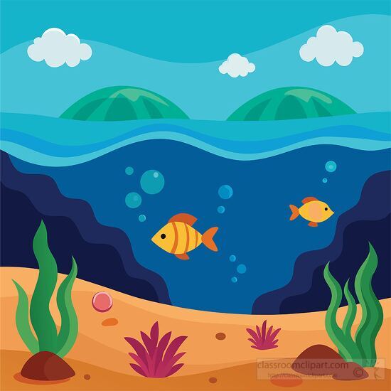 Two fish swim peacefully in a clear blue ocean above a sandy sea