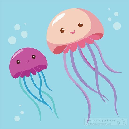 Two friendly jellyfish swim side by side surrounded by bubbles