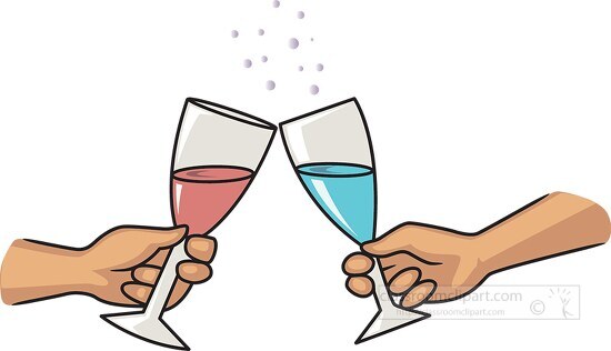 two hands each holding a glass of champagne for a toast clipart