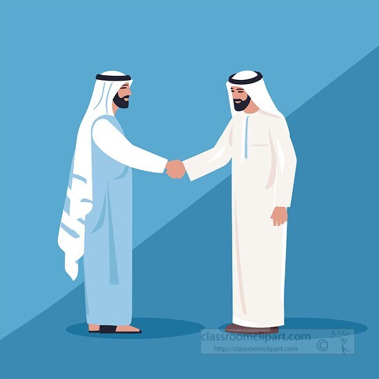two middle eastern men wearing traditional clothing shaking hand