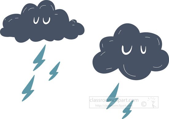 two sad looking gray clouds with lightning bolts