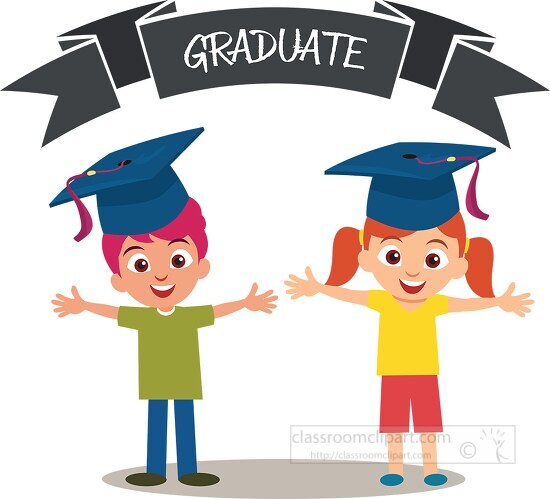 two students wearing grad cap with graduate banner clipart