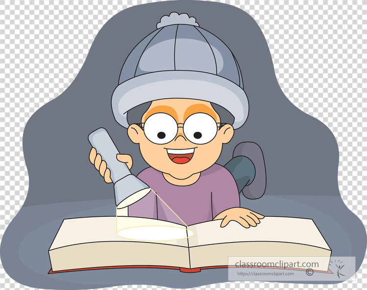 using a flashlight a boy reads in the dark transparent