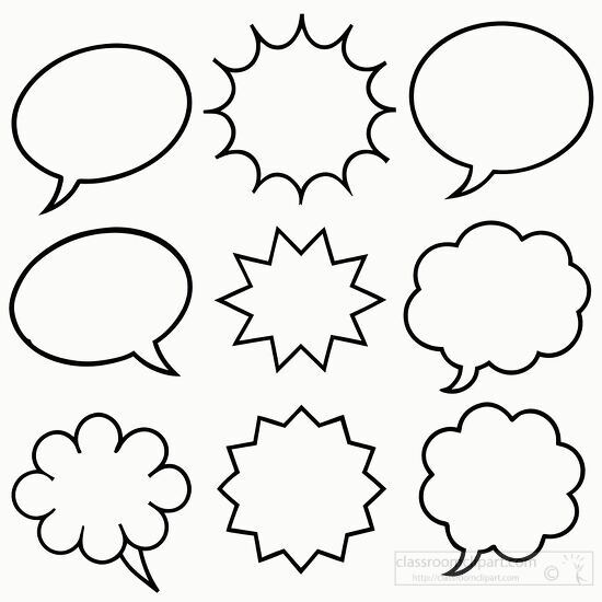 variety of black outlined speech bubbles on a white background