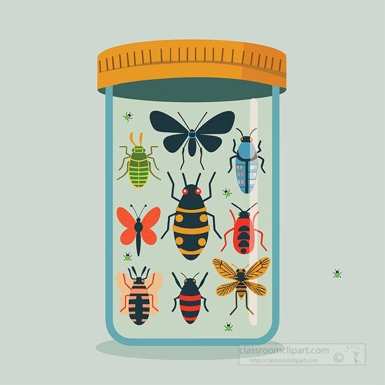 various flying insects in a closed glass jar for observation in 