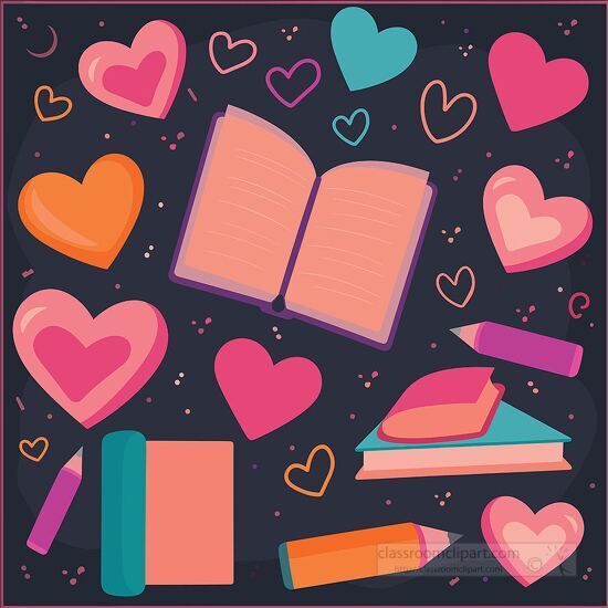various school supplies and hearts a dark background