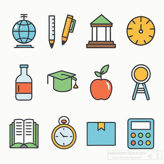 Various school themed icons including a pencil