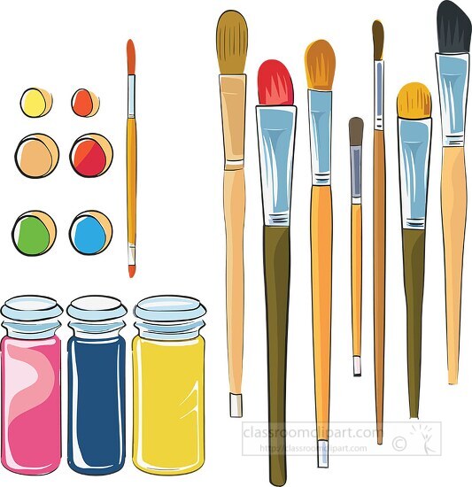 various sized paintbrushes with colorful paint in class containe