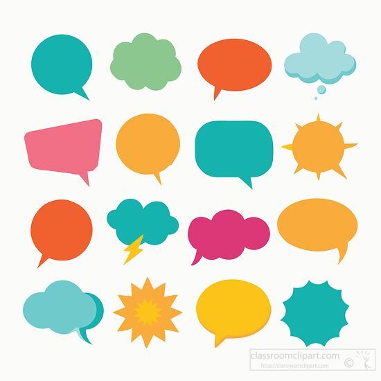 Various speech bubbles in bright colors on a white background