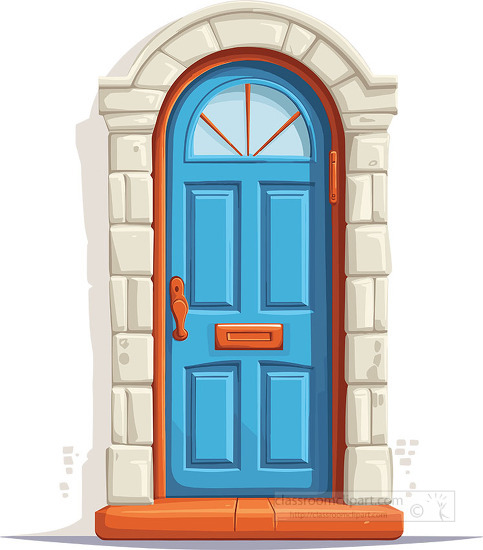 vibrant blue door with a semicircular window pane and orange doo