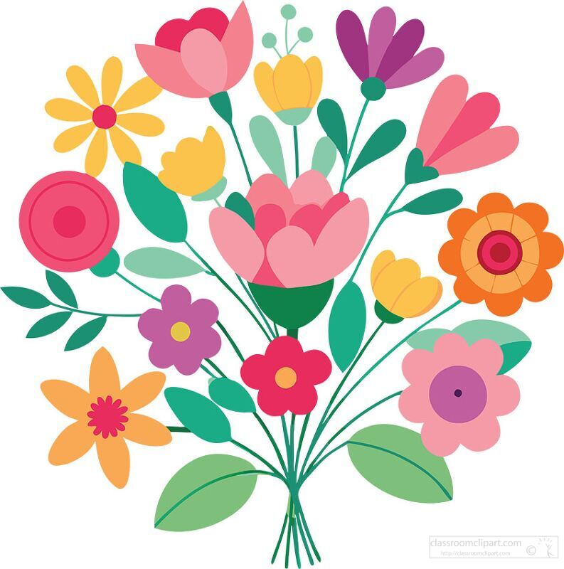 Bright and colorful circular floral arrangement with various flowers and leaves in a bouquet