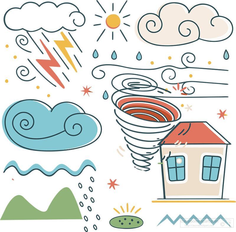 Colorful doodles showcasing a variety of weather patterns including clouds, lightning, sun, and raindrops, creatively arranged with whimsical designs and a playful aesthetic.